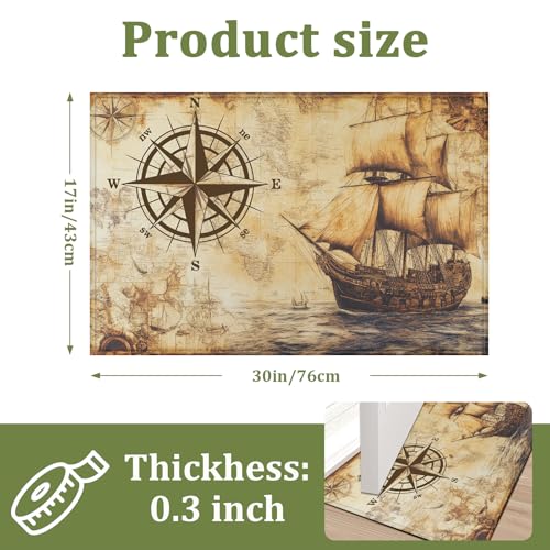 Vintage Compass Indoor Door Mat Nautical Galleon Map Non-Slip Doormat Washable Decorative Mat Rug for Outdoor Entryway Kitchen Bathroom 17x30 Inch - color: Vintage Compass Nautical Galleon