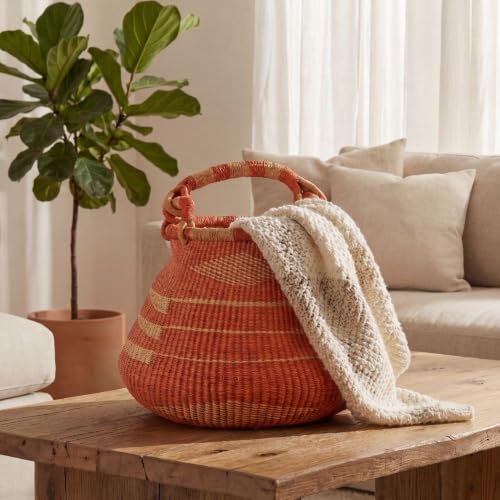 Large Orange Bolga Basket, Decorative Wicker Bolga Basket, African Woven Pot Basket, 16" Wide - size: Orange Geometric