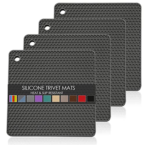 Silicone Trivets for Hot Pots and Pans, Multi-Purpose Trivet Mat for Hot Dishes Set of 4, Heat Resistant Durable Flexible Silicone Pot Mat for Countertop, Easy to Wash and Dry, Dark Gray, Square - color: 02 Deep Gray Square, size: 7x7in