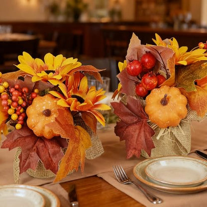 RHN Fall Centerpieces for Tables,2 Pcs Fall Table Flowers Centerpiece Decor with Pumpkin Sunflower Pinecone Berry and Maple Leaf for Autumn Thanksgiving Home Dining Table Decorations