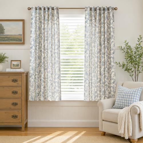 Lazzzy Blue Floral Linen Curtains Farmhouse Rod Pocket 50W X 63L 2 Panels - color: Blue on Beige, size: 50"W x 63"L (Pack of 2)