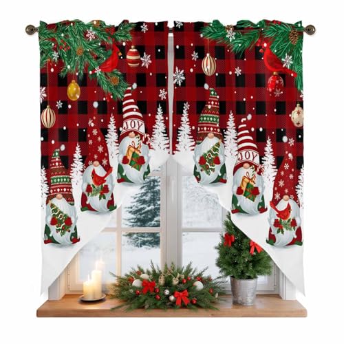 Christmas Swag Valances Kitchen Curtains 36 Inches Length,Red Black Plaid Tier Drapes Swag Topper,Winter Xmas Gnomes Pine Branches Snowflakes Short Window Treatments for Small Windows 2 Panels 28"x36" - color: Red Black Green, size: 28"W x 36"L (Pack of 2