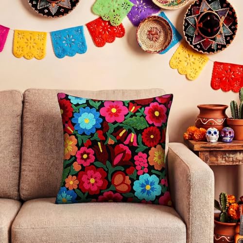 HunnmingRe Mexican Embroidered Flower Throw Pillow with Insert, Black - color: Black