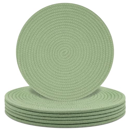 Round Placemats Set of 6, Cotton Rope Woven Table Mats, Hot Pads for Kitchen, Non Slip Heat Resistant Place Mats, 13 Inches Braided Placemat for Farmhouse Decor and Kitchen Table Decor (Green) - color: Green