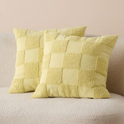Double Stitch 100% Cotton Boho Checkered Throw Pillow Covers, Lemon Yellow - color: Lemon Yellow, size: 20" x 20" (Pack of 2)