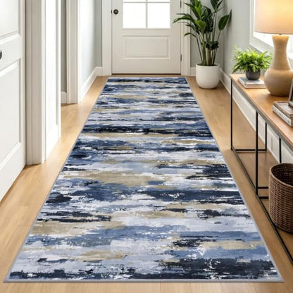 Abstract Washable 3x8 Runner Rug Non Slip Runners for Hallway - color: Navy / Blue / Taupe, size: 3' x 8' (Runner)