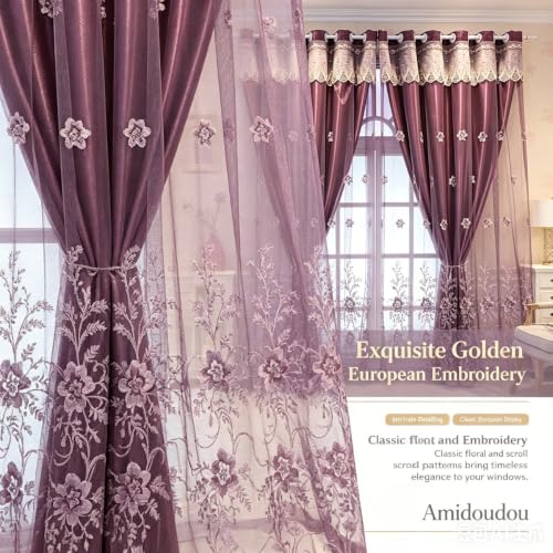 Amidoudou 1 Pair European Double Layer Curtains for Living Room Bedroom Luxury Flower Embroidered Curtains with Valance (Purple,52x84 Inch) - color: Purple, size: 52"W x 84"L (Pack of 2)