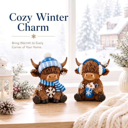 Karenhi 2 Pcs Highland Cow Figurines Resin Winter Decor for Tabletop - style: Winter