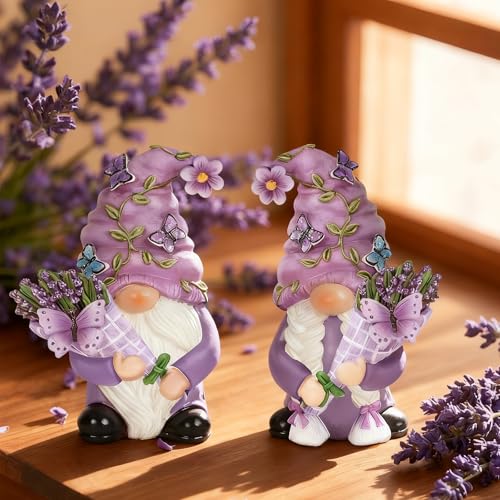 Purple Lavender Butterfly Couple Gnome Figurines(Resin, 3.9''H) - color: Purple