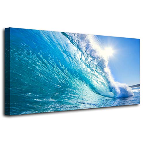 Haichuang Decor Art Ocean Wave Canvas Wall Art, 40x20 Inches Framed Turquoise Sea Wave Wall Decor, Wood Frame Waterproof HD Giclee Print, Ready to Hang Coastal Artwork for Living Room Bathroom Office - color: Blue Ocean Wave Surfing, size: 40"L x 20"W