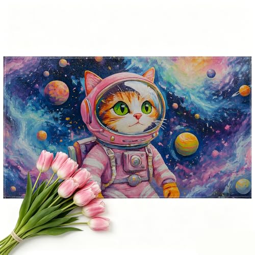 Astronaut Cat Door Mat Indoor 17x29.5 Inch, Galaxy Planet Doormat for Kitchen Bathroom, Colorful Space Decorative Floor Pad Gifts, Nonwoven Entry Rug, Non Slip Dot Plastic Backing - color: Cat01