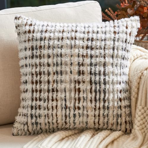 Aeckself Boho Chenille Tufted Pillow Cover 18 x 18 Inch, Decorative Square Throw Pillow Cover Neutral Pillowcase for Couch Bedroom Living Room, Brown White - color: Brown White, size: 18" x 18" (Pack of 1)