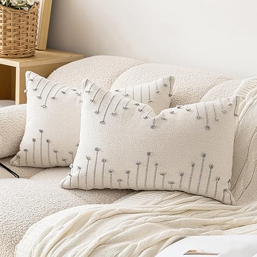LILEPOY Boho Throw Pillow Covers 12x20 Farmhouse Lumbar Couch Pillow case - color: Beige and Grey, size: 20" x 12" (Pack of 2)
