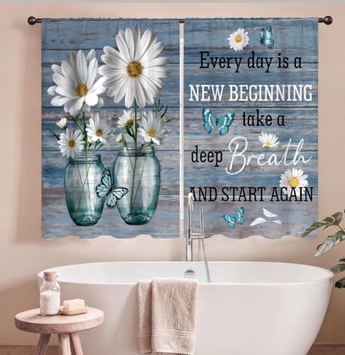 Farmhouse Rustic Daisy Flower Kitchen Curtains 2 Panels Teal Blue Plank Inspirational Quote Small Short Cafe Tier Window Treatment Drapes Butterfly Bathroom Bedroom Curtain 27.5W X 39L Inches - color: 10 Farmhouse Rustic Daisy, size: 27.5"W x 39"L (Pack o