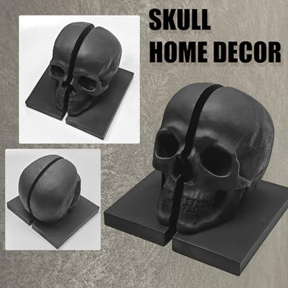 Heavy Duty Resin Skull Bookends, Gothic Shelf Desk Decor (Black)