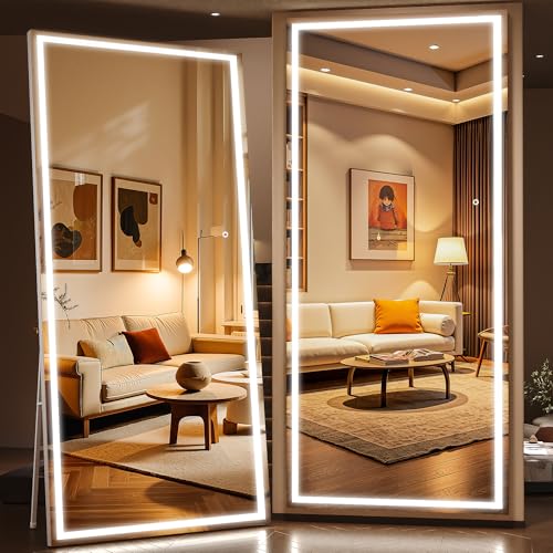 95" x 40" Full Length Mirror with Lights, Large LED Lighted Floor Standing Body Mirror, Dimmable & 3 Color Lighting for Home Gym, Cloakroom, Living Room, Tempered Glass, White Frame - color: White, size: 95"L x 40"W