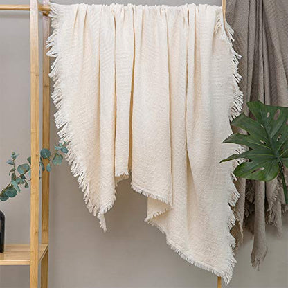 GLORY SEASON 100% Cotton Throw Blanket in Cream Jacqard Weave Fabric with Fringe Soft All Season Cover for Bed Couch and Living Room Sofa,Chair 50x60 Inches - color: Cream