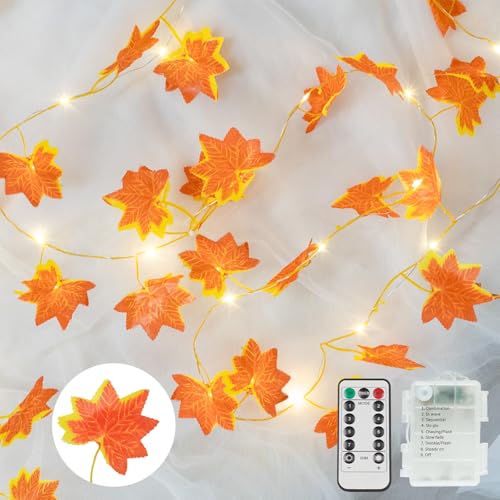 suddus 33 FT 100 LED Fall Garland with Lights Battery Operated Copper Wire - color: Maple, size: 100 LED-Battery