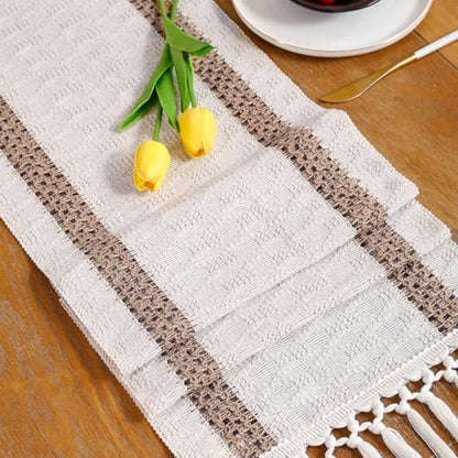 120 inch Table Runner Khaki Double Striped Boho Fall Decor - color: Khaki Double Stripes
