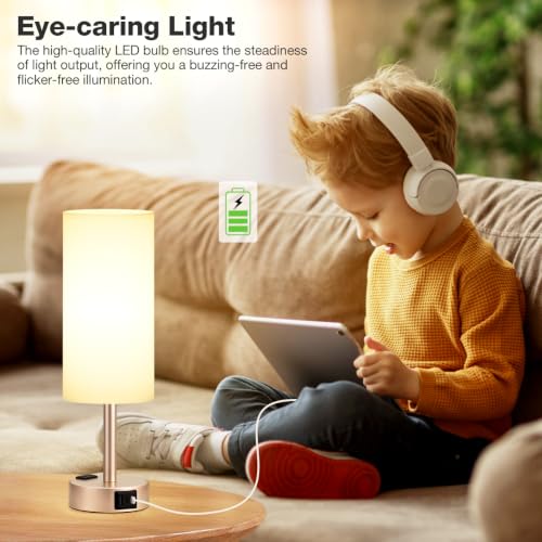 Antique White Bedside Table Lamp, Dimmable Touch Lamp, USB A+C, AC Outlet - color: White - Antique White, size: 14"