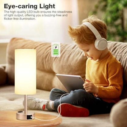 Antique White Bedside Table Lamp, Dimmable Touch Lamp, USB A+C, AC Outlet - color: White - Antique White, size: 14"