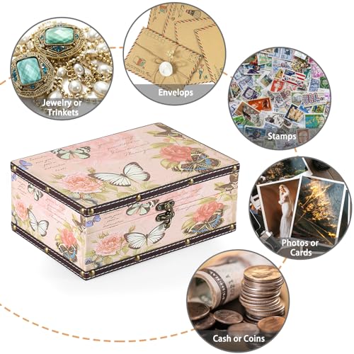 ELLDOO Butterfly Treasure Chest Box, Wooden + PU Leather Storage Decorative Box for Jewelry Trinkets Photos, Rectangular Keepsakes Box for Girls Women Gifts