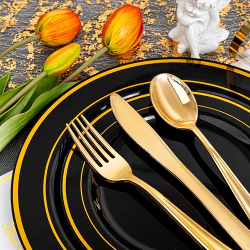 bUCLA 150 Pieces Black and Gold Disposable Dinnerware Set - 25 Guests Black Gold Plastic Plates Include 25 Dinner & 25 Dessert Plates, 25 Spoons, 25 Forks, 25 Knives, 25 Cups for Party & Graduation - color: Black/Gold