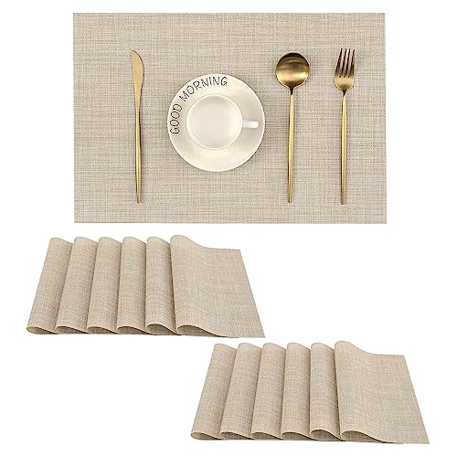 Woven Vinyl Beige Placemats Set of 12, Linen Look & Easy to Clean - color: Beige, size: Set of 12