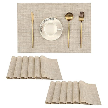 Woven Vinyl Beige Placemats Set of 12, Linen Look & Easy to Clean - color: Beige, size: Set of 12