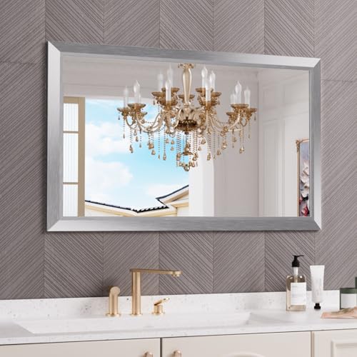 Amorho Bathroom Mirror for Wall 48x30 Inch, Brushed Silver Metal Framed - color: Silver, size: 48"L x 30"W