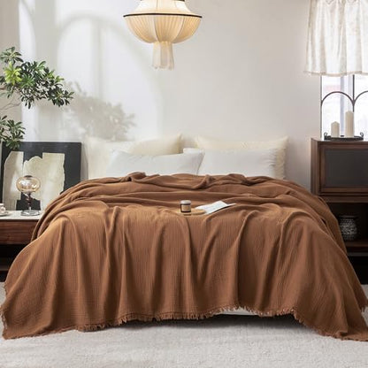 FOSSA Muslin Blanket 4-Layer 100% Cotton Gauze Blanket with Fringe 108"x98" - color: Dark Orange, size: Super King(108" × 98")