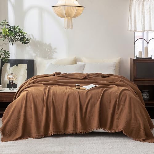 FOSSA Muslin Blanket 4-Layer 100% Cotton Gauze Blanket with Fringe 108"x98" - color: Dark Orange, size: Super King(108" × 98")