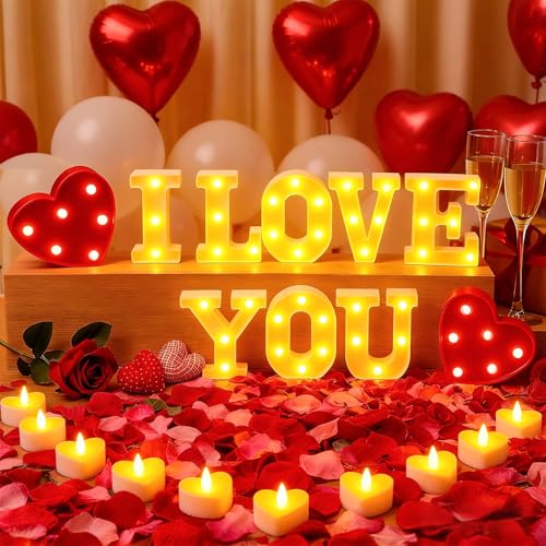 I Love You Light Up Letters Sign, with 30 Tea Lights Candles, Rose Petals, Round Pearlescent Balloon, Aluminum Balloons, Romantic Valentine's Day Wedding Engagement Birthday Party Decoration - color: I LOVE YOU