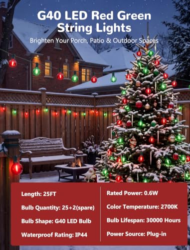 25Ft G40 LED Red Green Outdoor String Lights, 27 Shatterproof Globe Bulbs - color: Red/Green, size: 25Ft