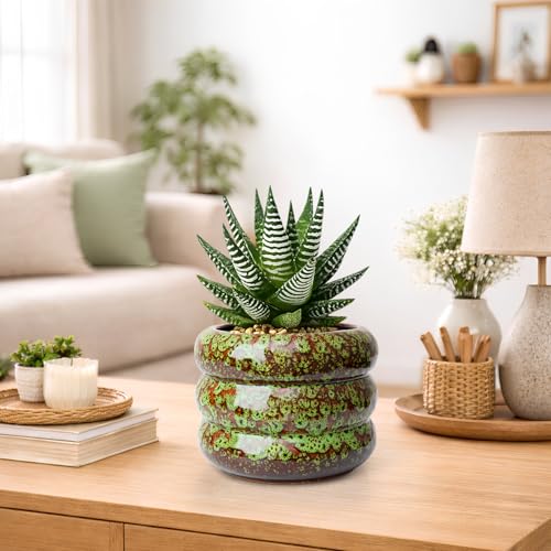 Ceramic 6 inch Plant Pot - Planter for Indoor Plants with Drainage Hole - color: Green-s