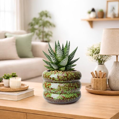 Ceramic 6 inch Plant Pot - Planter for Indoor Plants with Drainage Hole - color: Green-s