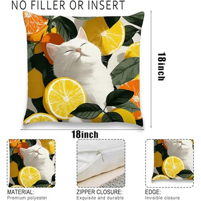 Sleeping Cat Pillow Cover 18x18 Inches, Citrus Botanical Decor - color: Lemon Cat