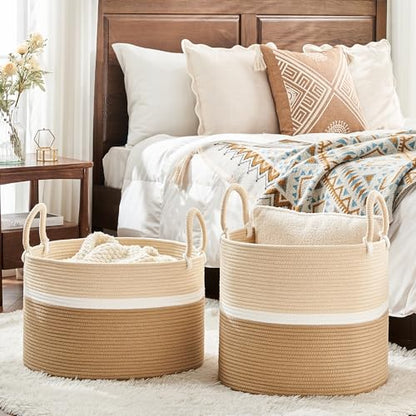 KAKAMAY Large Blanket Basket with Handles, Storage Basket for Living Room - color: White and Brown