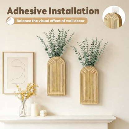 Wooden Wall Vase with 20 Eucalyptus, 2 Mount Options, Brown, 2 Pcs - color: Natural