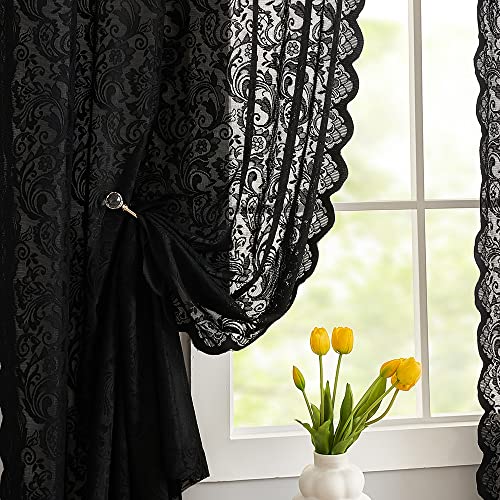 ALIGOGO Black Lace Curtains for Bedroom, Gothic Style, 52W x 63L Inch - color: Black, size: 52"W x 63"L (Pack of 2)
