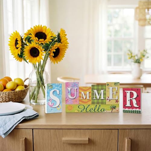 Smile 7 Pcs Wooden Decor Summer Indoor Decorations, Hawaii Style, Summer Letter Table Centerpieces for Home Kitchen Seasonal Display - style: Summer