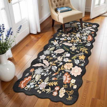 3x6 Washable Kitchen Runner Rug: Floral Scalloped Hallway Runner Rugs Black - color: Black, size: 3' x 6' (Runner)