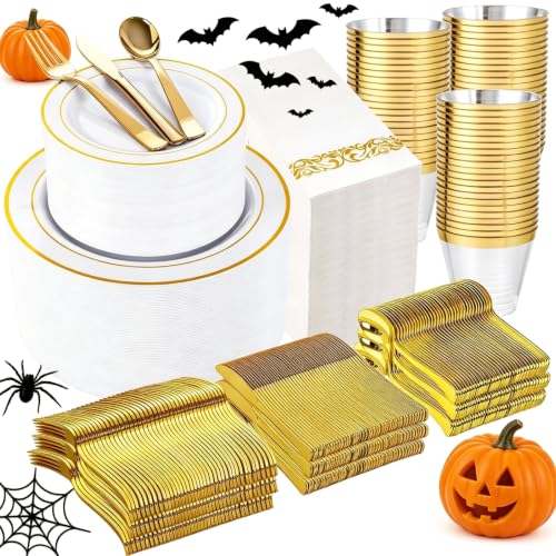 WELLIFE 700 Pieces Gold Plastic Dinnerware Set for 100 Guests - Includes Plates, Cups, Napkins, and Disposable Cutlery - Elegant White & Gold Design, Perfect for Parties and Events - color: Gold, style: 700PCS（100Guests）