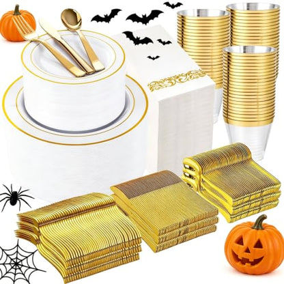 WELLIFE 700 Pieces Gold Plastic Dinnerware Set for 100 Guests - Includes Plates, Cups, Napkins, and Disposable Cutlery - Elegant White & Gold Design, Perfect for Parties and Events - color: Gold, style: 700PCS（100Guests）