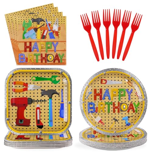 96 Pcs Tools Birthday Handyman Tool Party Decorations, Serves 24 - style: Color Tool Birthday Plates