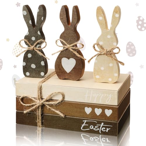 Burbell 6 Pcs Easter Table Decoration Wooden Easter Tiered Tray Decor Book Stack Bunnies Farmhouse Table Decor for Home Rabbit Tables Centerpieces Entryway Home for Party Living Room Bedroom Gift