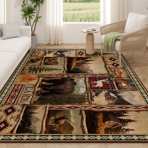 Vintage Moose Bear Cabin Rugs for Living Room 5'x7', Non-Slip Machine Washable Farmhouse Rustic Lodge Area Rug Carpet for Bedroom Indoor Dining Floor Carpet, Brown Rustic Living Room Decor - color: Rustic Bear, size: 5' x 7'