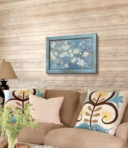 Gilded Birds on White Blossom Branches Framed Wall Art, Soft Blue, 24"x16" - color: Birds on White Blossom, size: 24"L x 16"W