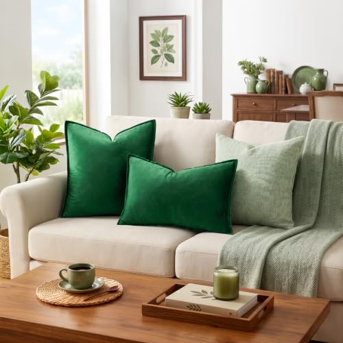 GIGIZAZA Green Velvet Lumbar Throw Pillow Covers 12x20 Inch Pack of 2 - color: Green, size: 20" x 12" (Pack of 2)