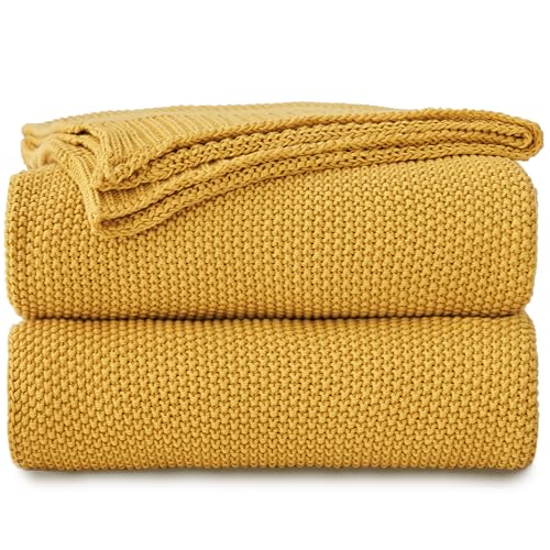 Longhui bedding Mustard Yellow Cotton Cable Knit Throw Blanket for Couch Sofa Bed, Home Decorative Lightweight Knitted Blankets with Bonus Laundering Bag, 60“ x 80”, Machine Washable - color: Mustard Yellow, size: 60"x80"